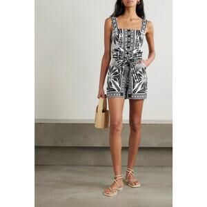 FARM RIO Monochrome Elegance belted shirred printed linen-blend playsuit small